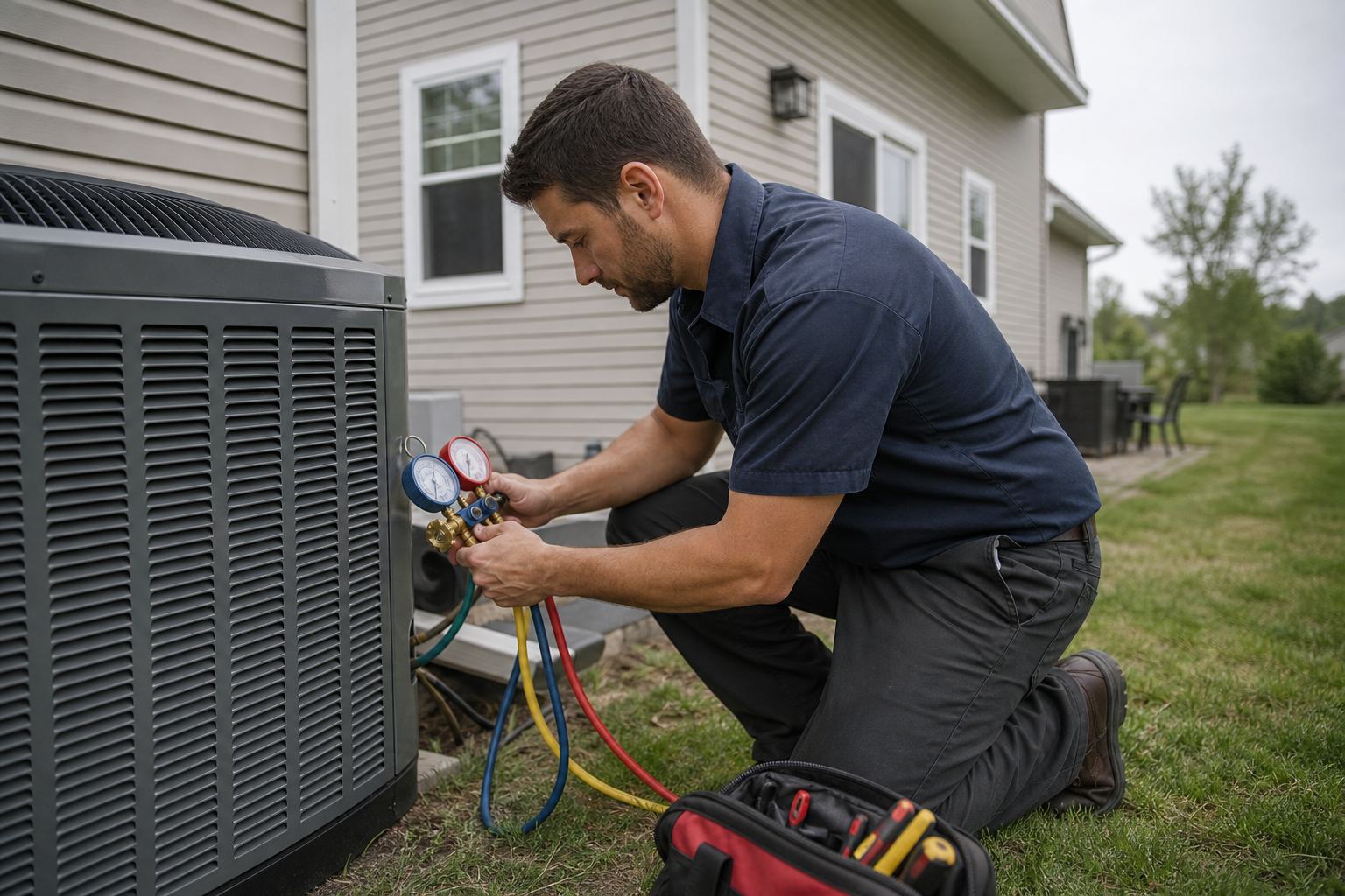 HVAC contractor Southern Illinois — Shawnee Heating & AC HVAC technician servicing an outdoor air conditioner at a Southern Illinois home