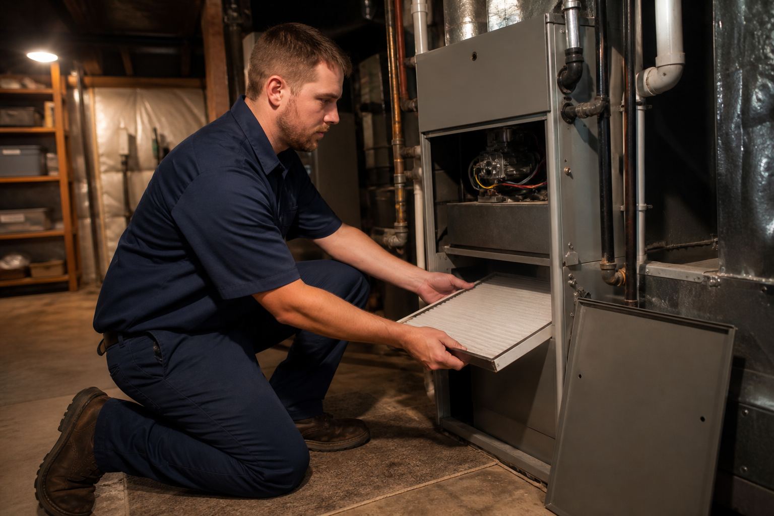 Call Shawnee Heating & AC for HVAC service in Southern Illinois HVAC technician working on a furnace in Southern Illinois